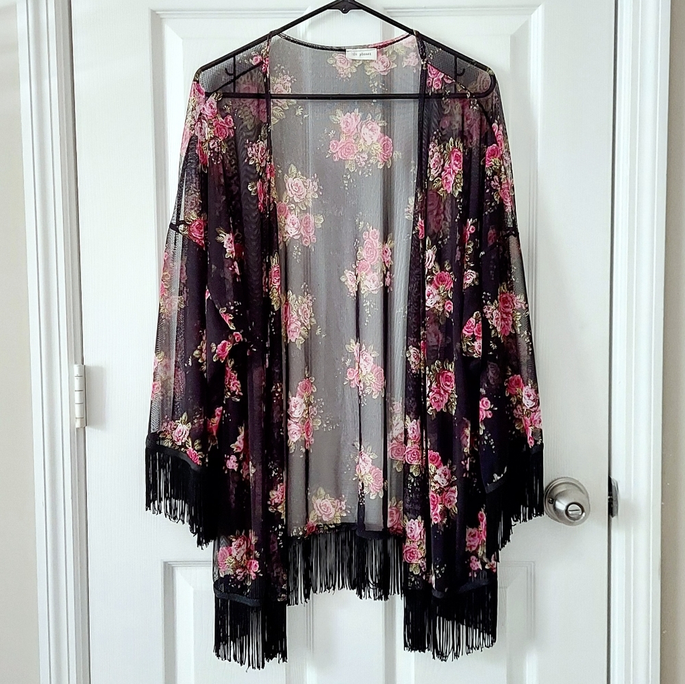 Blu Planet Floral Mesh Cardigan with Tassel Trim